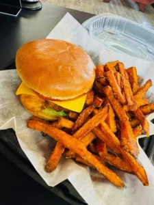 Mo's Chicken and Waffles Catering Services - Crispy Chicken Sandwich and Sweet Potato Fries