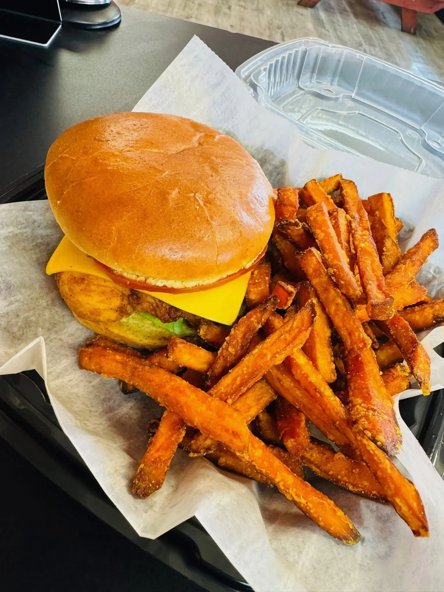 Mo's Chicken and Waffles Catering Services - Crispy Chicken Sandwich and Sweet Potato Fries