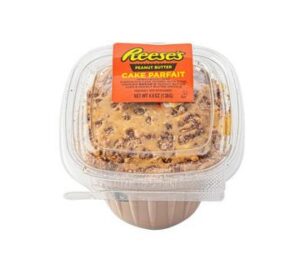 A packaged Reese's Peanut Butter Cake Parfait dessert available for pickup or catering at Mo's in Simsbury.
