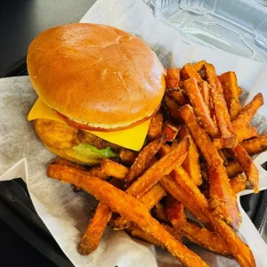 Mo's Chicken and Waffles Catering Services - Crispy Chicken Sandwich and Sweet Potato Fries